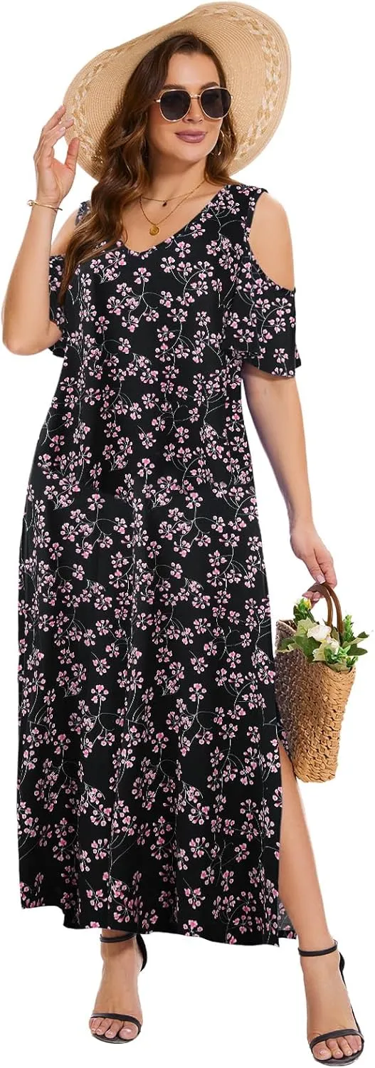 Plus Size Dresses for Women Summer V Neck Cold Shoulder Short Sleeve Split Long Beach Dresses with Pockets