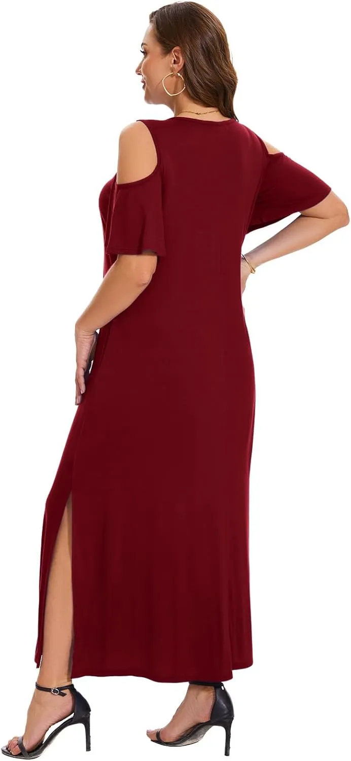 Plus Size Dresses for Women Summer V Neck Cold Shoulder Short Sleeve Split Long Beach Dresses with Pockets