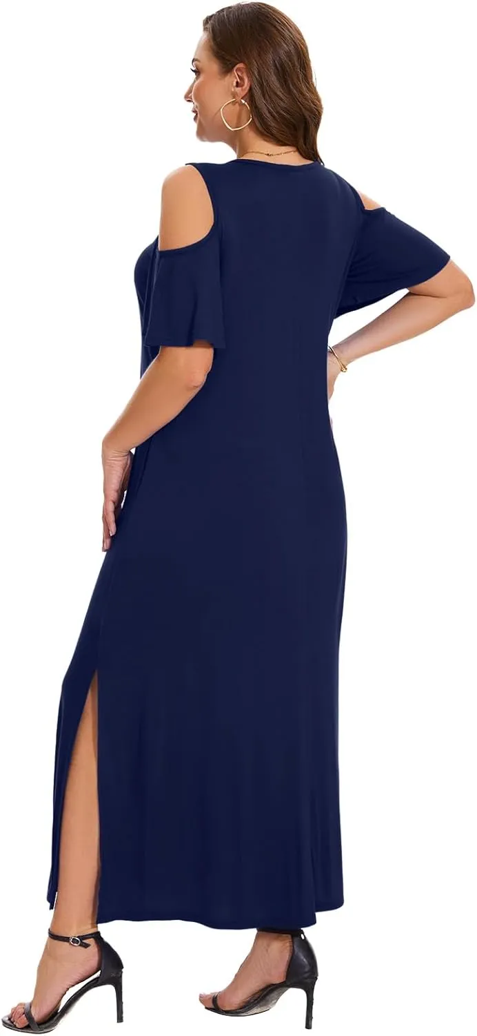 Plus Size Dresses for Women Summer V Neck Cold Shoulder Short Sleeve Split Long Beach Dresses with Pockets