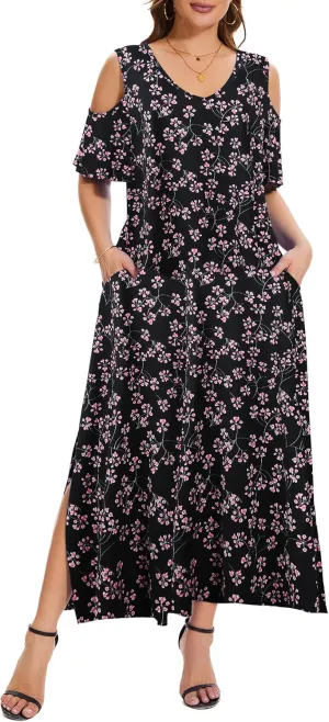 Plus Size Dresses for Women Summer V Neck Cold Shoulder Short Sleeve Split Long Beach Dresses with Pockets