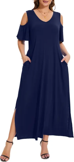 Plus Size Dresses for Women Summer V Neck Cold Shoulder Short Sleeve Split Long Beach Dresses with Pockets