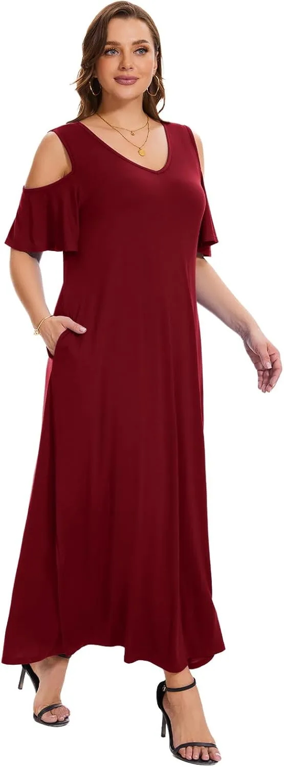 Plus Size Dresses for Women Summer V Neck Cold Shoulder Short Sleeve Split Long Beach Dresses with Pockets