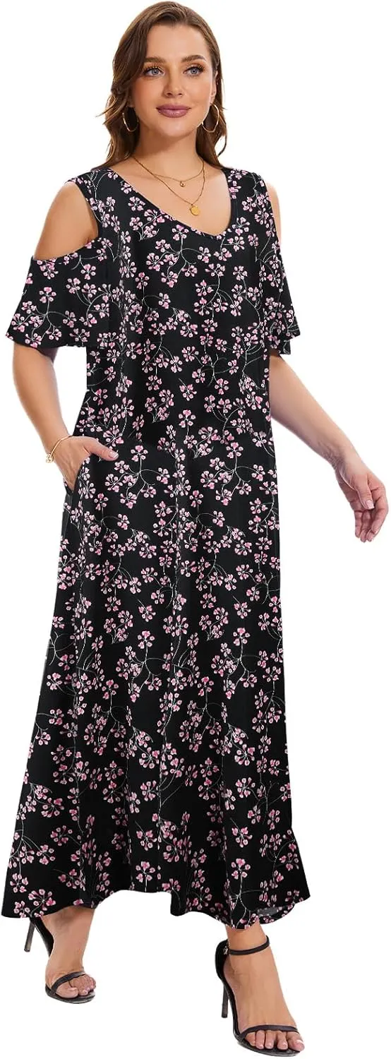 Plus Size Dresses for Women Summer V Neck Cold Shoulder Short Sleeve Split Long Beach Dresses with Pockets