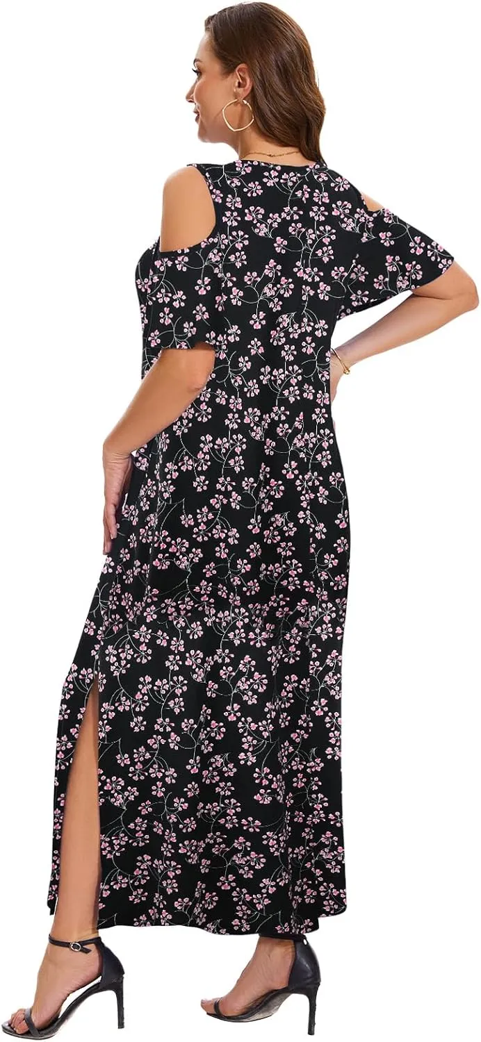 Plus Size Dresses for Women Summer V Neck Cold Shoulder Short Sleeve Split Long Beach Dresses with Pockets