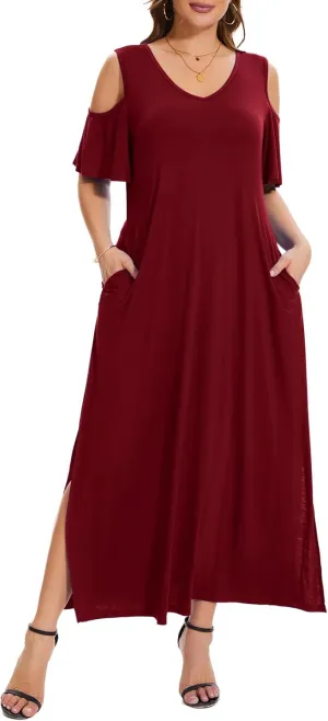 Plus Size Dresses for Women Summer V Neck Cold Shoulder Short Sleeve Split Long Beach Dresses with Pockets