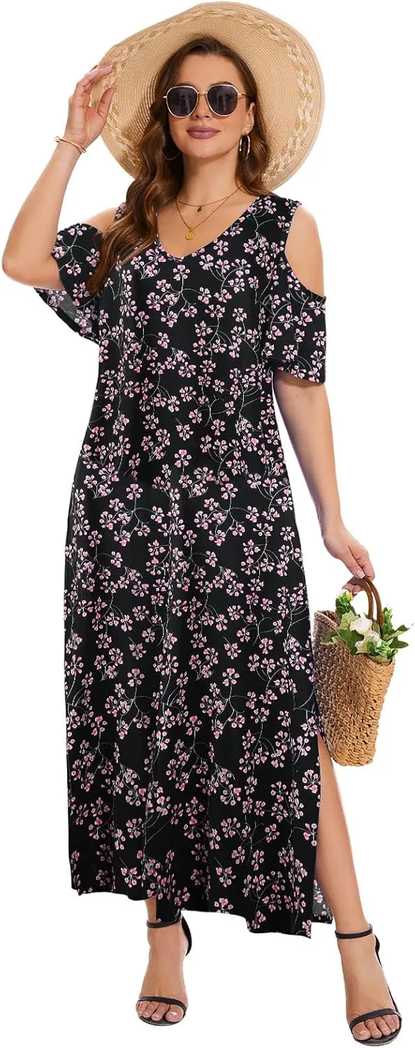Plus Size Dresses for Women Summer V Neck Cold Shoulder Short Sleeve Split Long Beach Dresses with Pockets