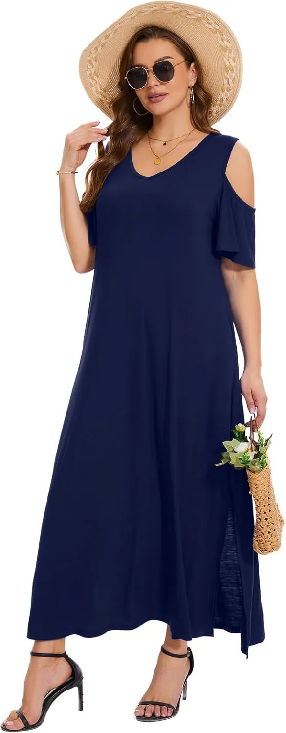Plus Size Dresses for Women Summer V Neck Cold Shoulder Short Sleeve Split Long Beach Dresses with Pockets