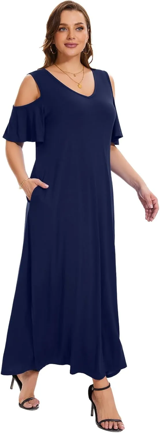 Plus Size Dresses for Women Summer V Neck Cold Shoulder Short Sleeve Split Long Beach Dresses with Pockets