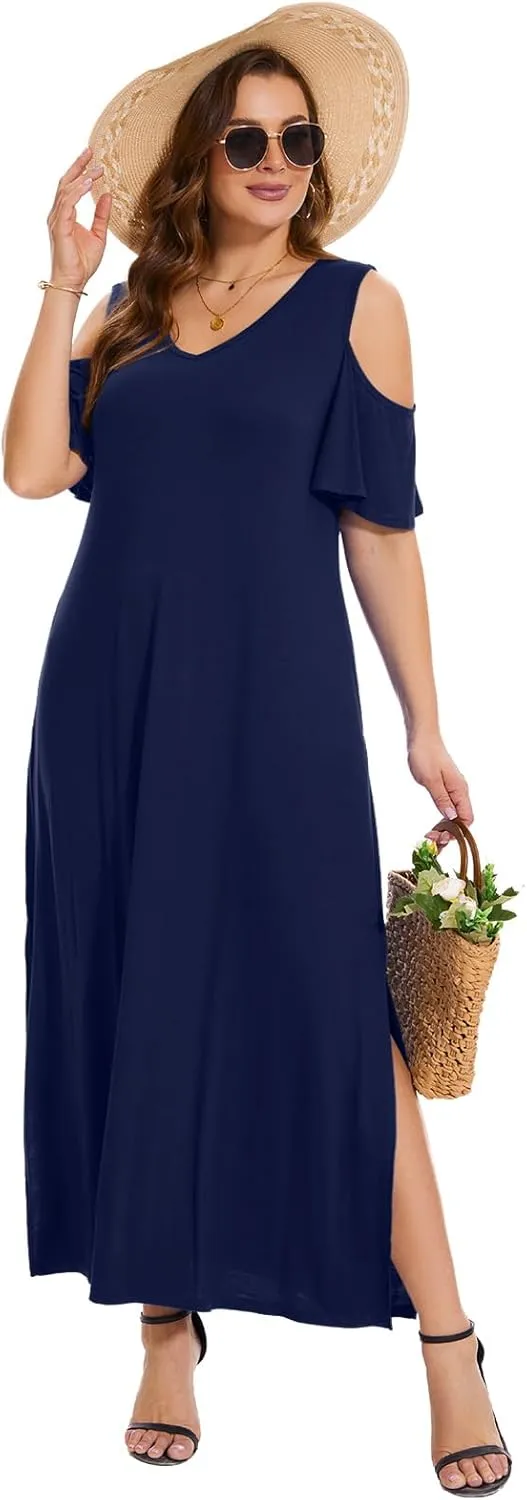 Plus Size Dresses for Women Summer V Neck Cold Shoulder Short Sleeve Split Long Beach Dresses with Pockets