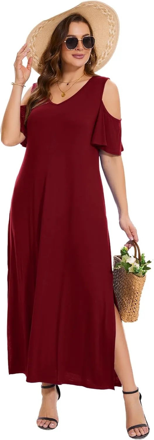 Plus Size Dresses for Women Summer V Neck Cold Shoulder Short Sleeve Split Long Beach Dresses with Pockets