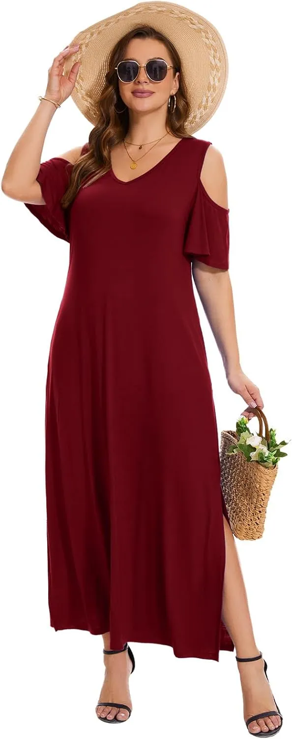 Plus Size Dresses for Women Summer V Neck Cold Shoulder Short Sleeve Split Long Beach Dresses with Pockets