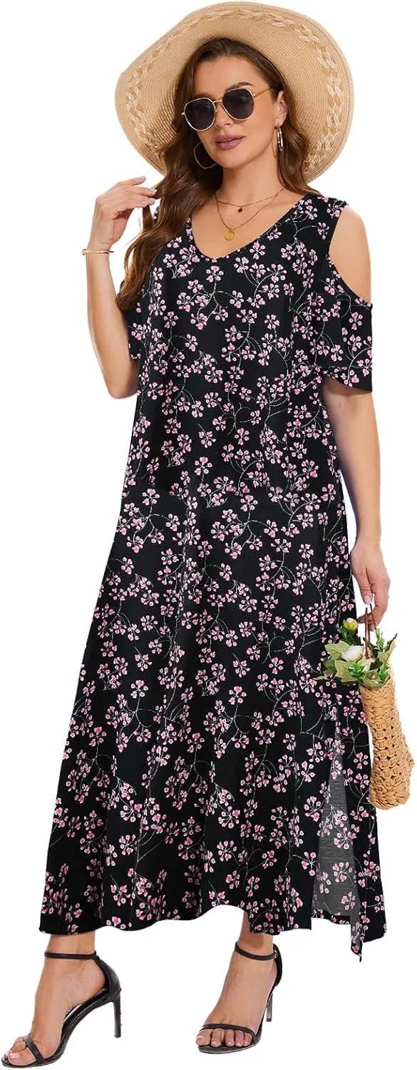 Plus Size Dresses for Women Summer V Neck Cold Shoulder Short Sleeve Split Long Beach Dresses with Pockets