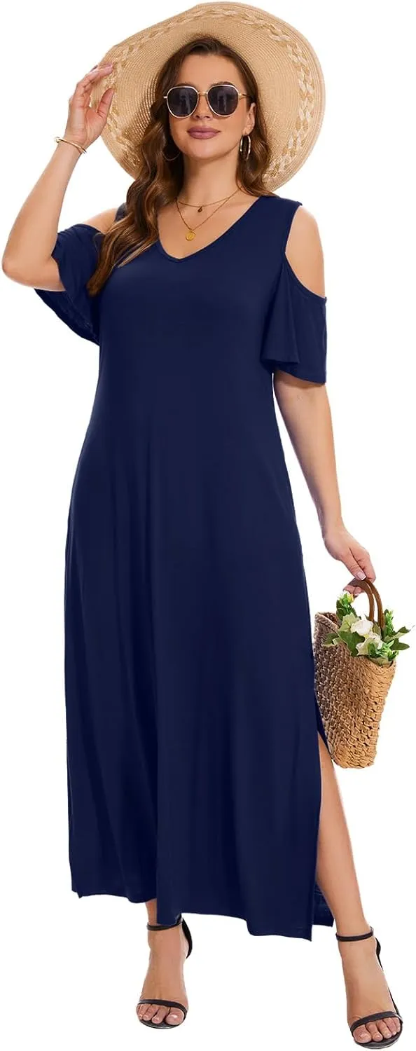 Plus Size Dresses for Women Summer V Neck Cold Shoulder Short Sleeve Split Long Beach Dresses with Pockets