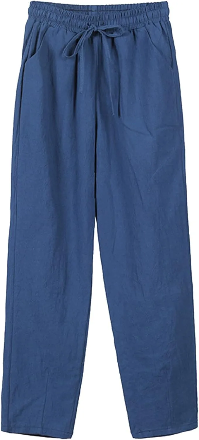 Plus Size Linen Pants Womens Drawstring Elastic Lounge Summer Pants Solid Color Loose Fit Beach Vacation Straight Trousers