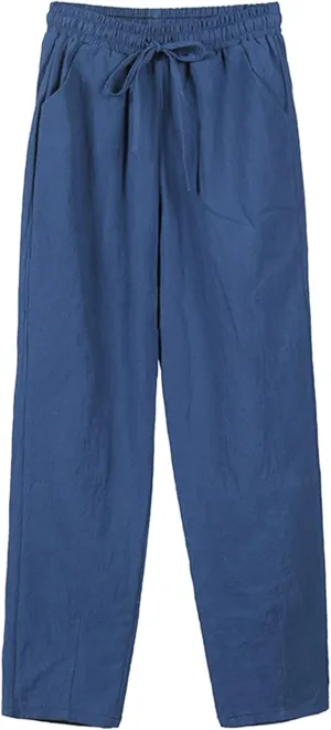 Plus Size Linen Pants Womens Drawstring Elastic Lounge Summer Pants Solid Color Loose Fit Beach Vacation Straight Trousers