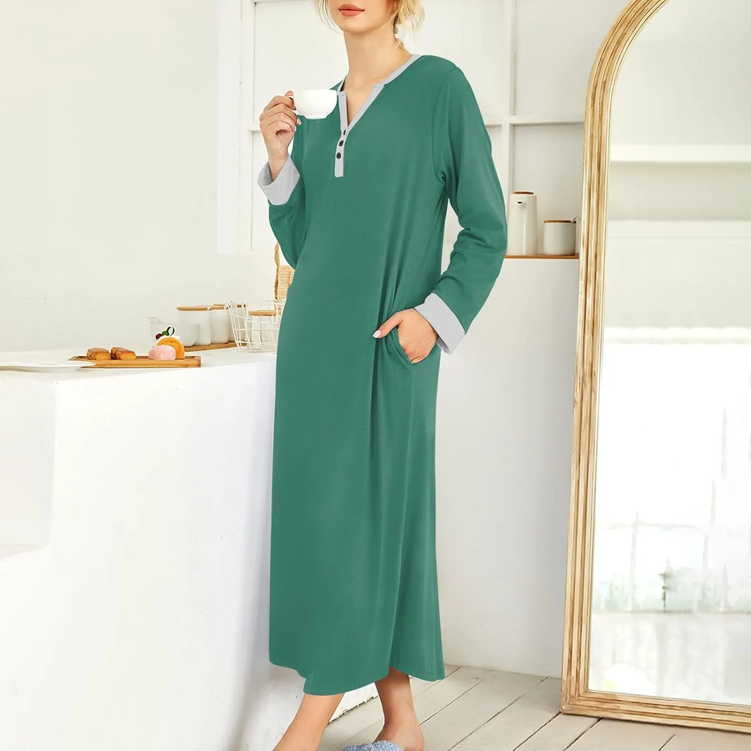 Plus Size Nightgowns for Women Soft Cotton Long Sleeve Midi Sleep Shirts Loose Fit Button Pajama Dress Sleepwear