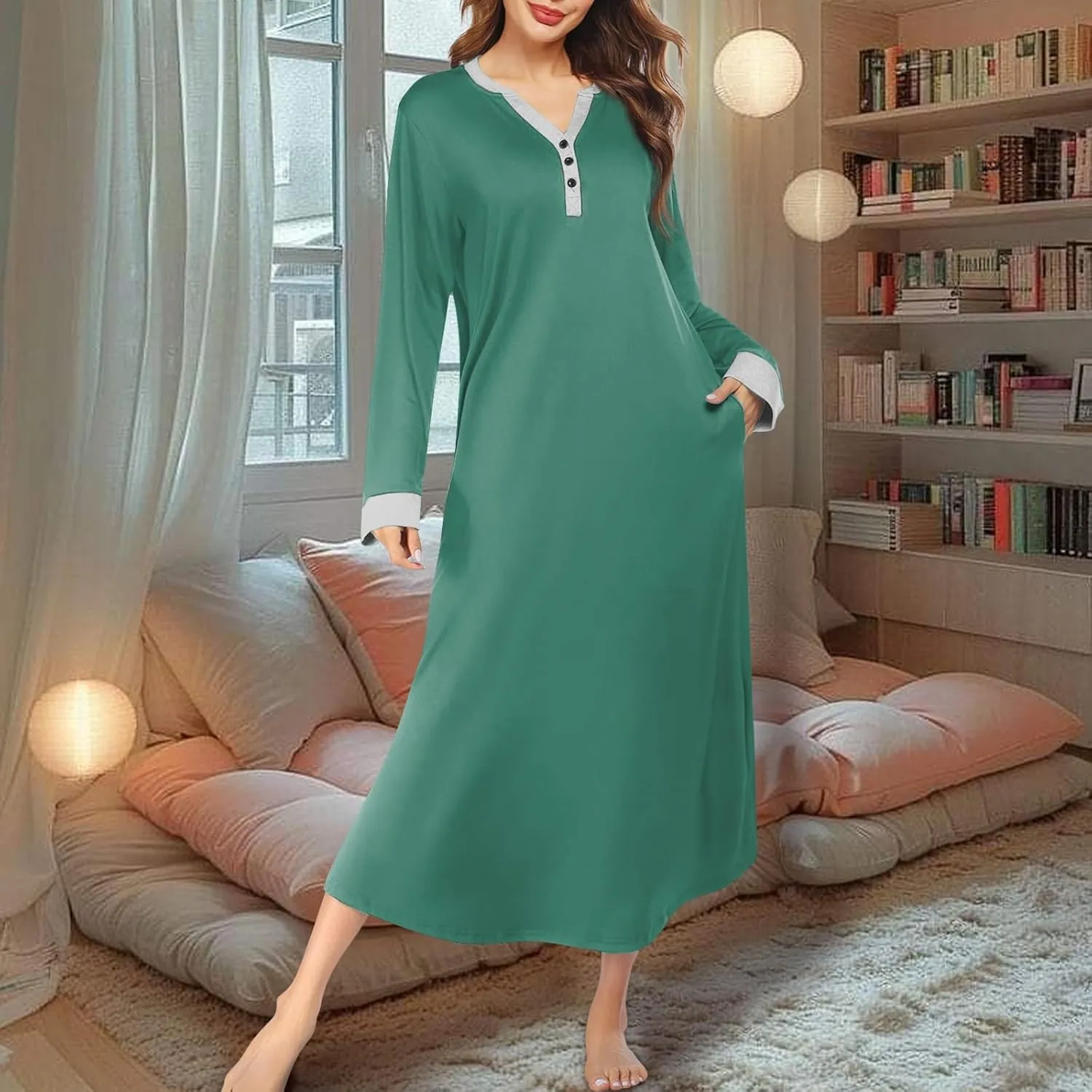 Plus Size Nightgowns for Women Soft Cotton Long Sleeve Midi Sleep Shirts Loose Fit Button Pajama Dress Sleepwear