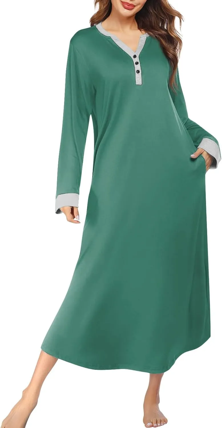 Plus Size Nightgowns for Women Soft Cotton Long Sleeve Midi Sleep Shirts Loose Fit Button Pajama Dress Sleepwear