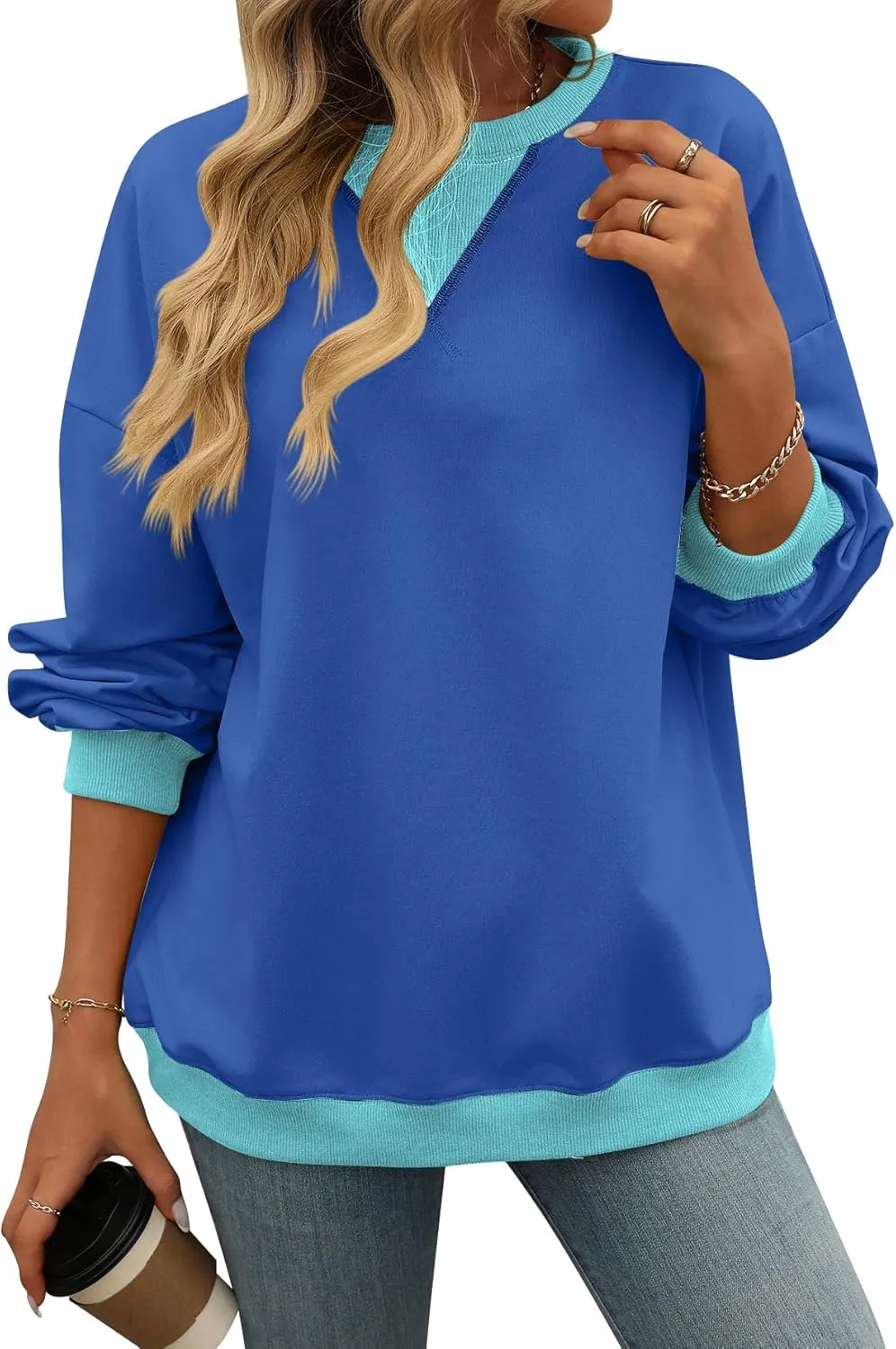 Plustrong Womens Oversized Crewneck Sweatshirt Casual Long Sleeve Color Block Pullover Hoodie Tops