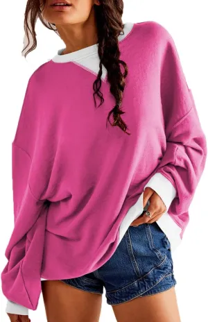 Plustrong Womens Oversized Crewneck Sweatshirt Casual Long Sleeve Color Block Pullover Hoodie Tops