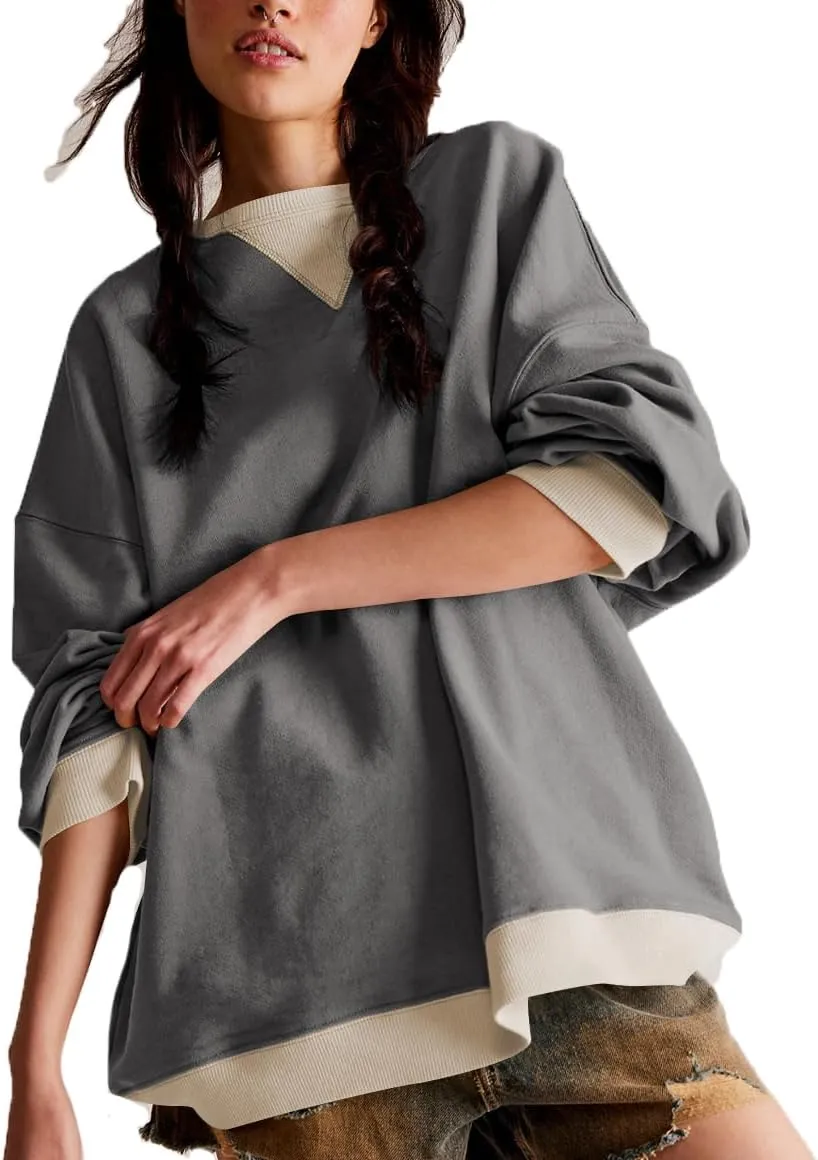 Plustrong Womens Oversized Crewneck Sweatshirt Casual Long Sleeve Color Block Pullover Hoodie Tops