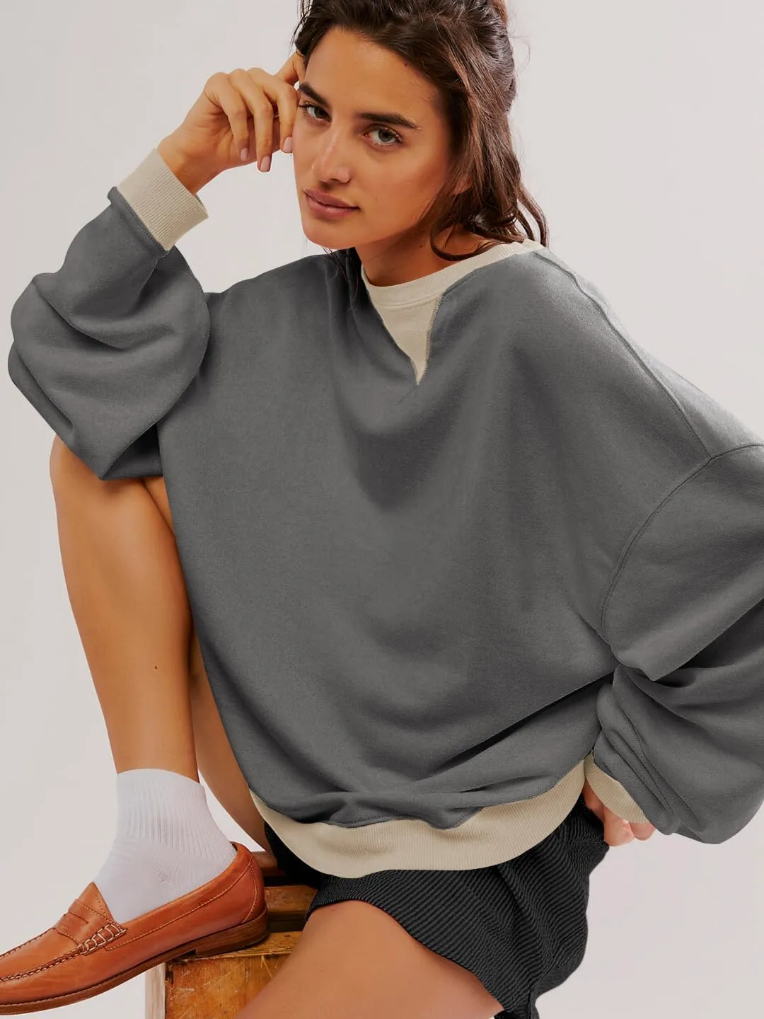 Plustrong Womens Oversized Crewneck Sweatshirt Casual Long Sleeve Color Block Pullover Hoodie Tops