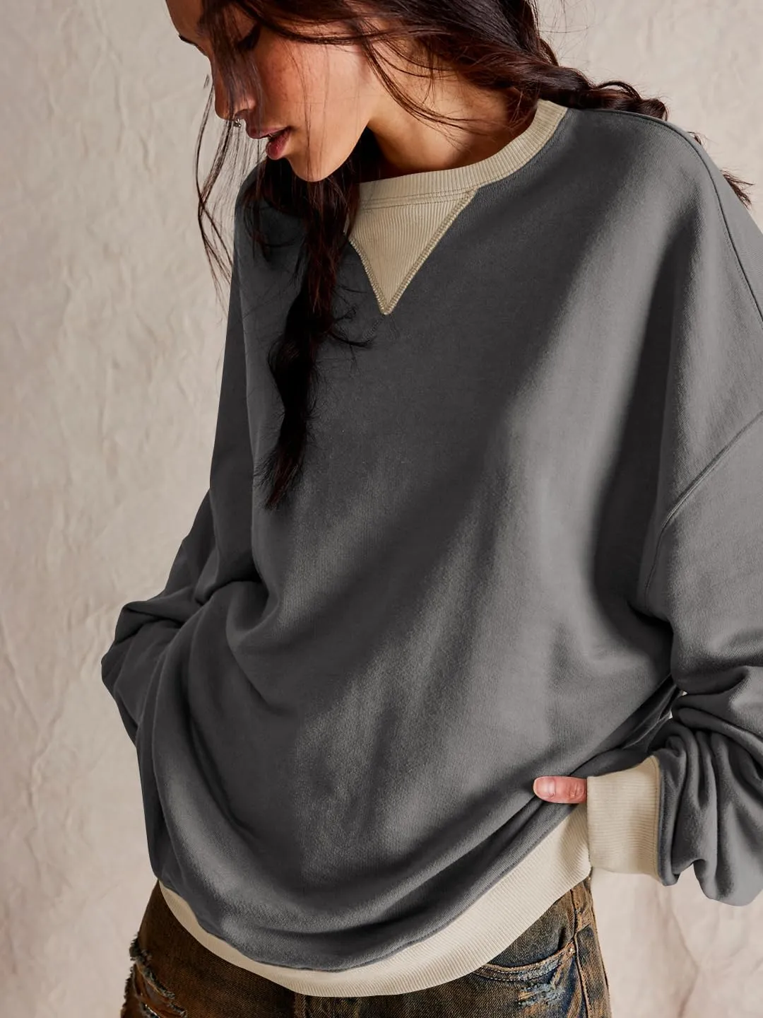 Plustrong Womens Oversized Crewneck Sweatshirt Casual Long Sleeve Color Block Pullover Hoodie Tops