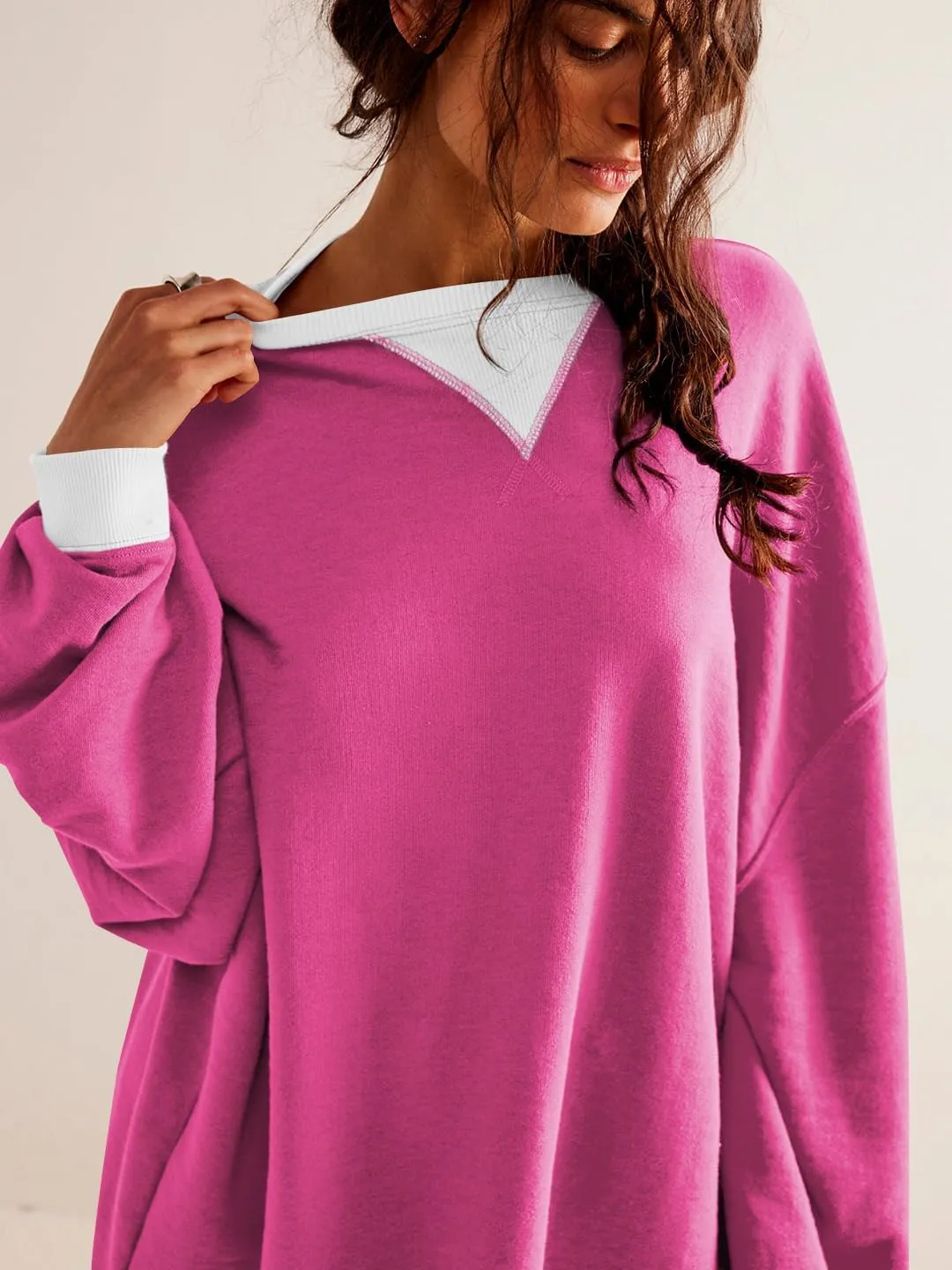 Plustrong Womens Oversized Crewneck Sweatshirt Casual Long Sleeve Color Block Pullover Hoodie Tops