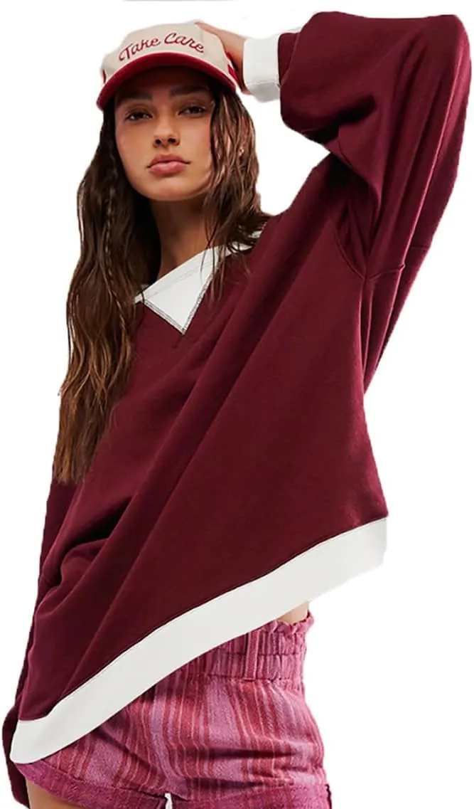 Plustrong Womens Oversized Crewneck Sweatshirt Casual Long Sleeve Color Block Pullover Hoodie Tops