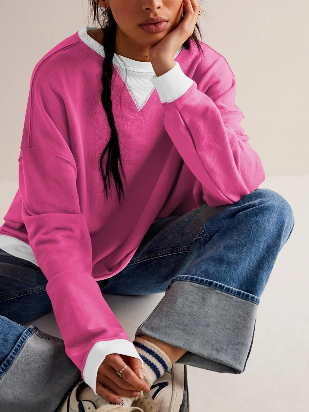 Plustrong Womens Oversized Crewneck Sweatshirt Casual Long Sleeve Color Block Pullover Hoodie Tops