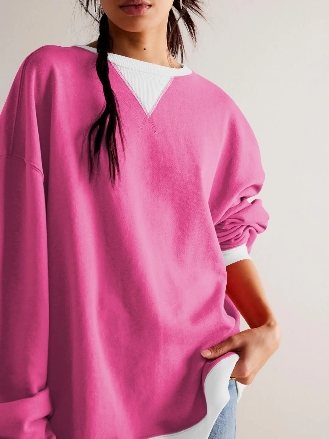 Plustrong Womens Oversized Crewneck Sweatshirt Casual Long Sleeve Color Block Pullover Hoodie Tops