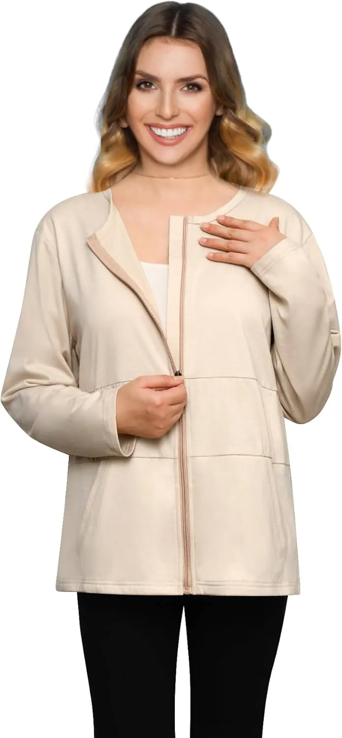 Post Mastectomy Recovery Zipper Closure Collar Long Sleeves Shirt Camisole with 4 Drain Pockets-Post Shoulder Surgery Shirts