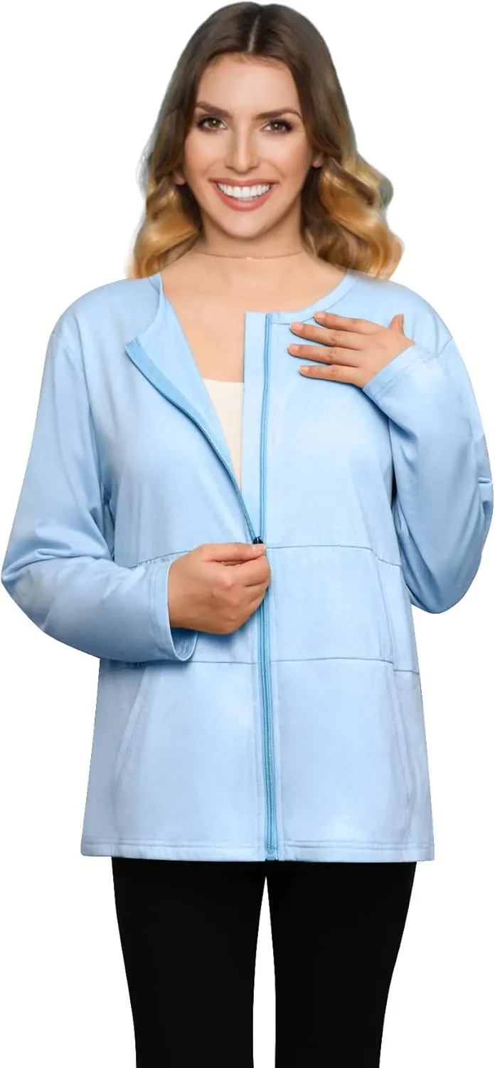 Post Mastectomy Recovery Zipper Closure Collar Long Sleeves Shirt Camisole with 4 Drain Pockets-Post Shoulder Surgery Shirts