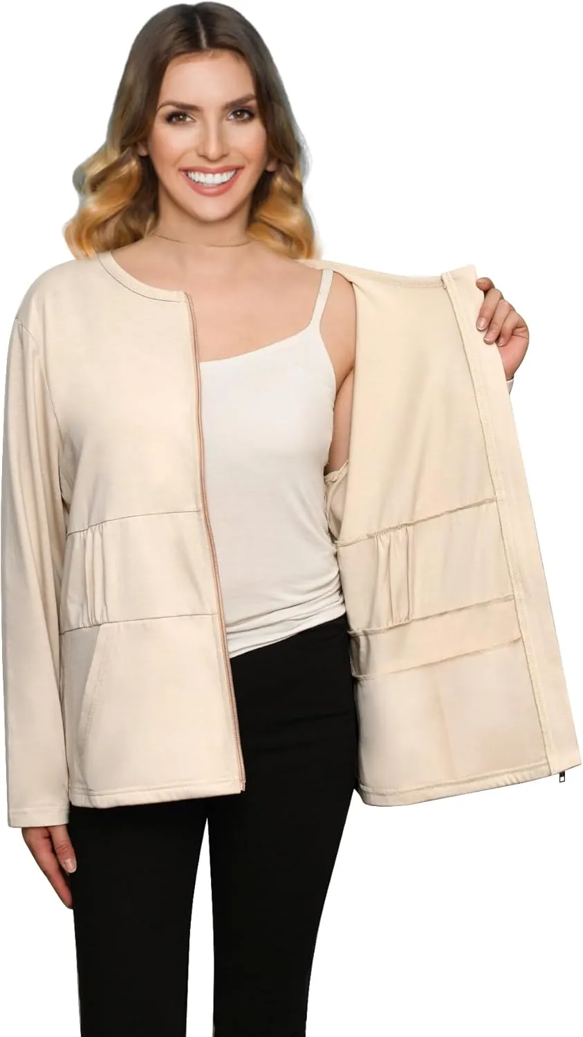 Post Mastectomy Recovery Zipper Closure Collar Long Sleeves Shirt Camisole with 4 Drain Pockets-Post Shoulder Surgery Shirts