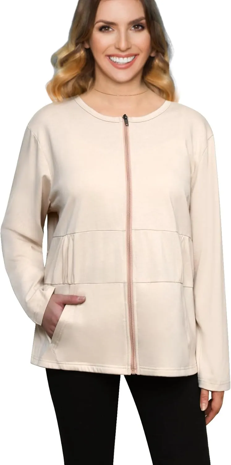 Post Mastectomy Recovery Zipper Closure Collar Long Sleeves Shirt Camisole with 4 Drain Pockets-Post Shoulder Surgery Shirts