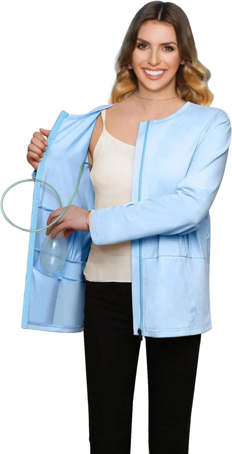 Post Mastectomy Recovery Zipper Closure Collar Long Sleeves Shirt Camisole with 4 Drain Pockets-Post Shoulder Surgery Shirts
