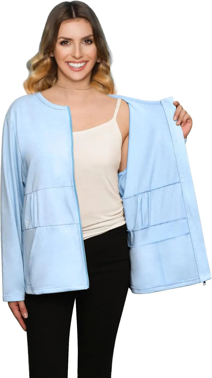 Post Mastectomy Recovery Zipper Closure Collar Long Sleeves Shirt Camisole with 4 Drain Pockets-Post Shoulder Surgery Shirts