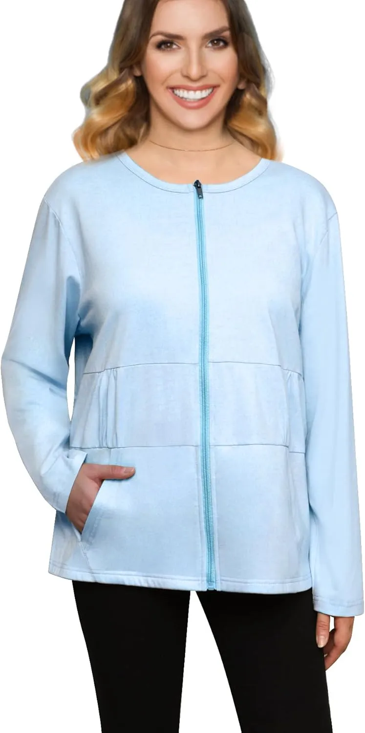 Post Mastectomy Recovery Zipper Closure Collar Long Sleeves Shirt Camisole with 4 Drain Pockets-Post Shoulder Surgery Shirts