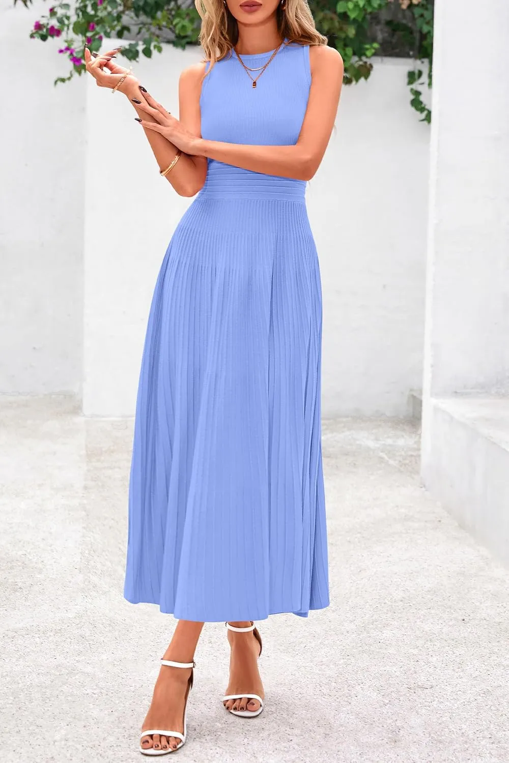 PRETTYGARDEN Spring Casual Dresses for Women 2025 Summer Business Work Midi Sleeveless A Line Pleated Cocktail Dress