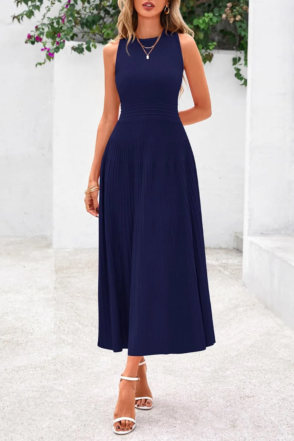 PRETTYGARDEN Spring Casual Dresses for Women 2025 Summer Business Work Midi Sleeveless A Line Pleated Cocktail Dress