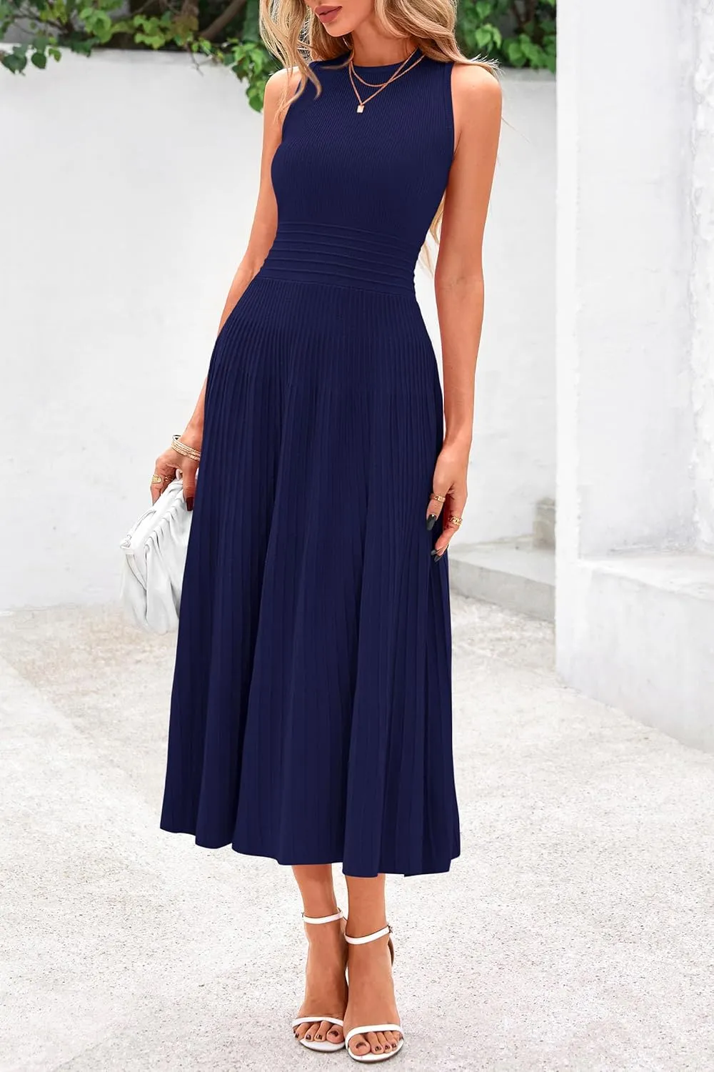 PRETTYGARDEN Spring Casual Dresses for Women 2025 Summer Business Work Midi Sleeveless A Line Pleated Cocktail Dress