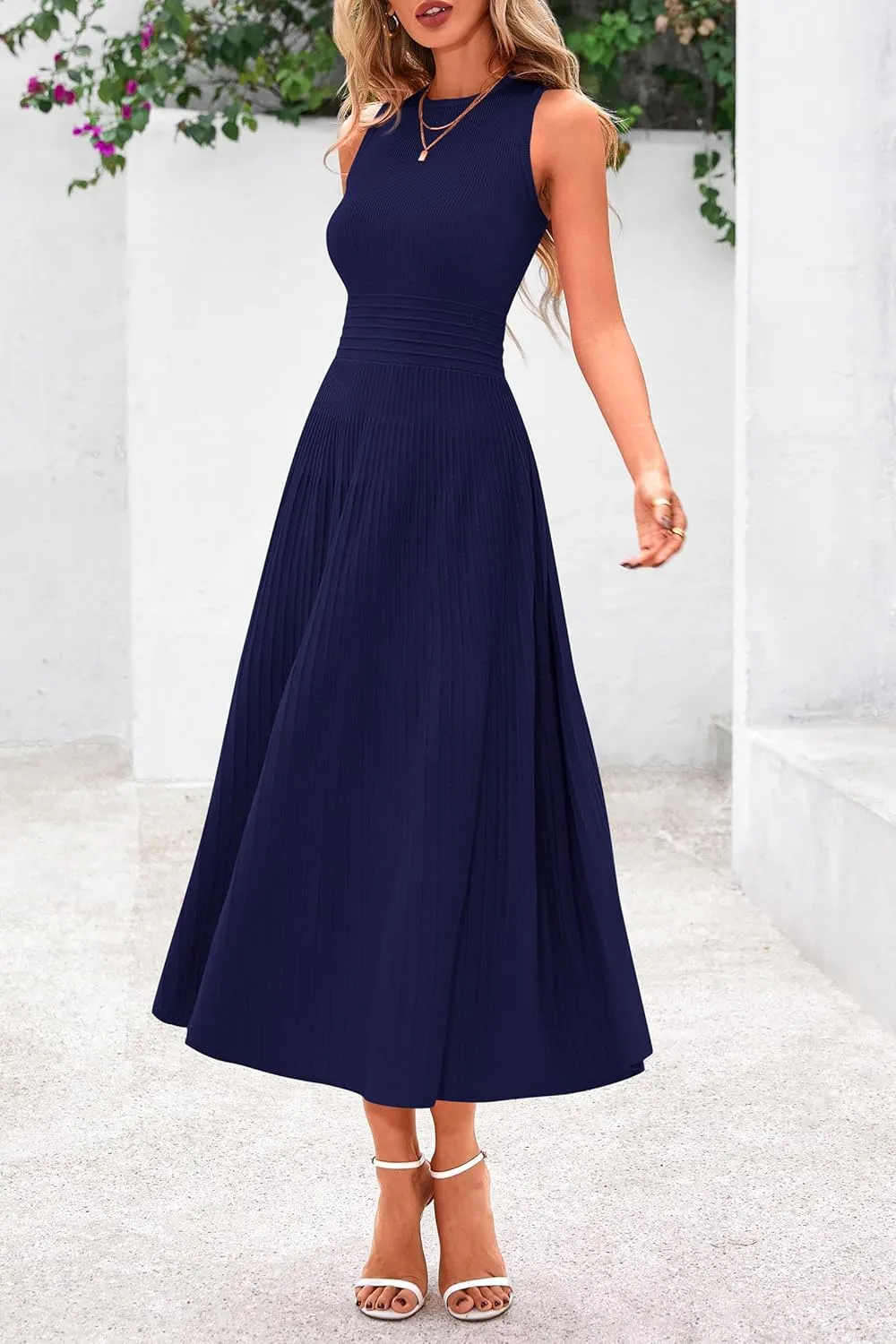 PRETTYGARDEN Spring Casual Dresses for Women 2025 Summer Business Work Midi Sleeveless A Line Pleated Cocktail Dress