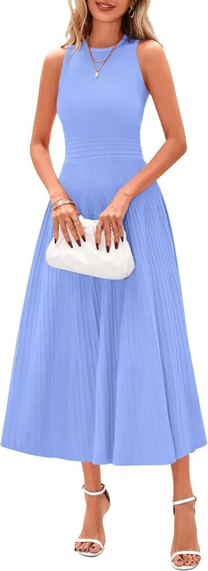 PRETTYGARDEN Spring Casual Dresses for Women 2025 Summer Business Work Midi Sleeveless A Line Pleated Cocktail Dress
