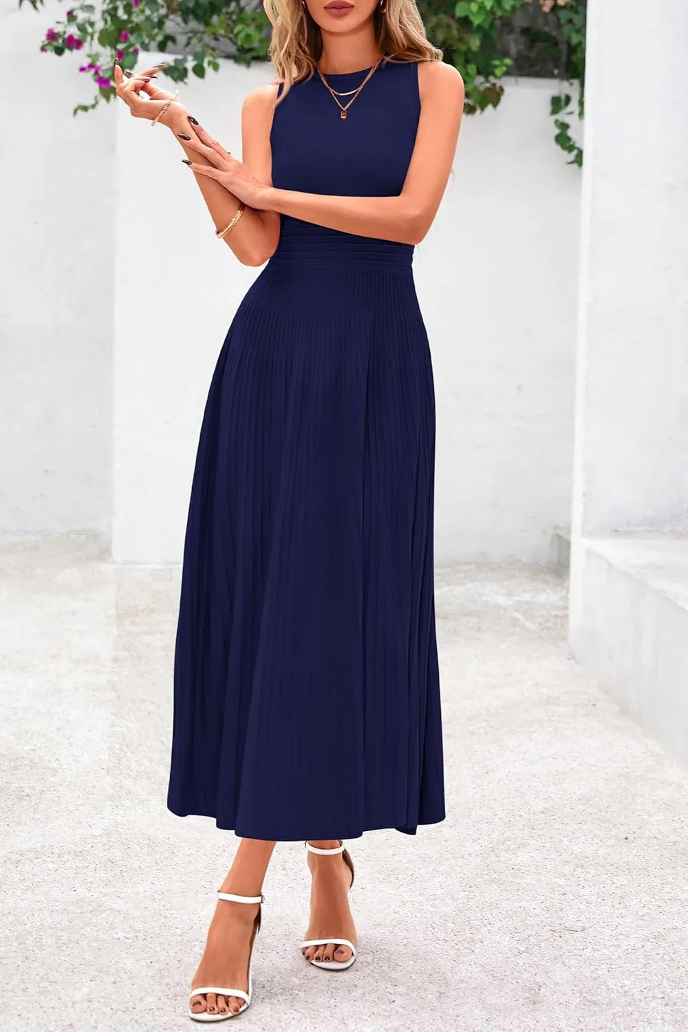 PRETTYGARDEN Spring Casual Dresses for Women 2025 Summer Business Work Midi Sleeveless A Line Pleated Cocktail Dress