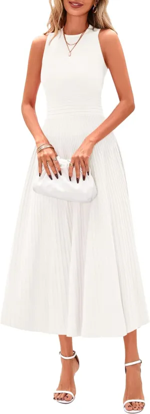PRETTYGARDEN Spring Casual Dresses for Women 2025 Summer Business Work Midi Sleeveless A Line Pleated Cocktail Dress