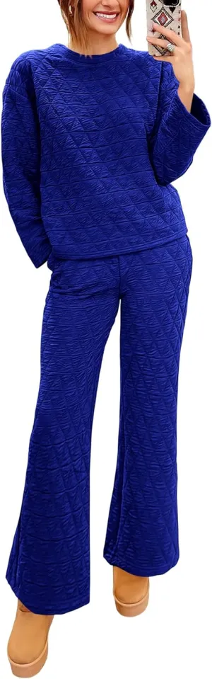PRETTYGARDEN Women's 2 Piece Outfits Fall Fashion Clothes Quilted Long Sleeve Tops Wide Leg Pants Matching Lounge Sets