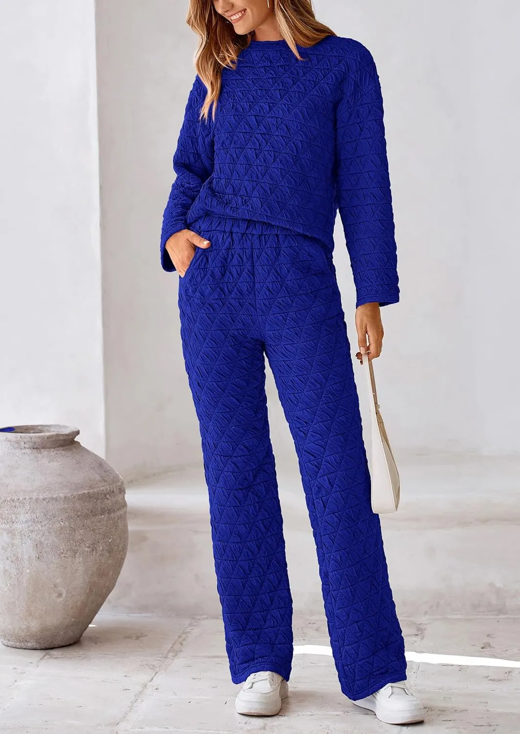 PRETTYGARDEN Women's 2 Piece Outfits Fall Fashion Clothes Quilted Long Sleeve Tops Wide Leg Pants Matching Lounge Sets
