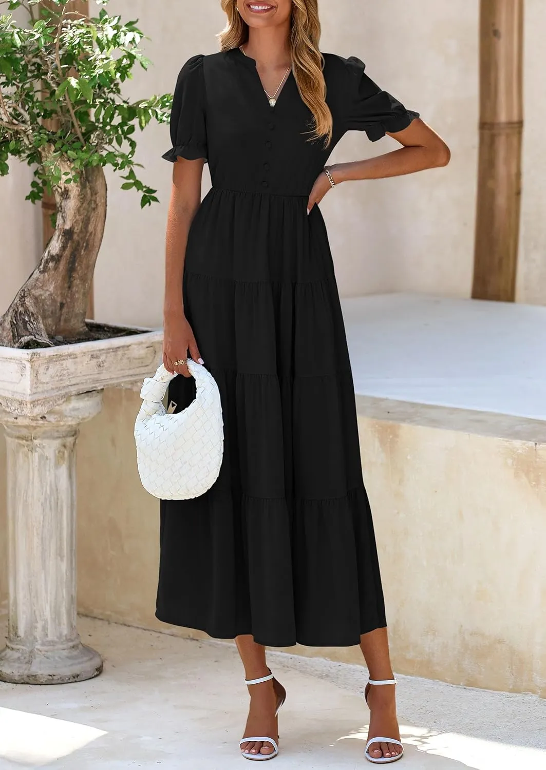 PRETTYGARDEN Women's Summer Casual Short Sleeve V Neck Midi Dresses 2025 Spring A-line Tiered Wedding Guest Dress
