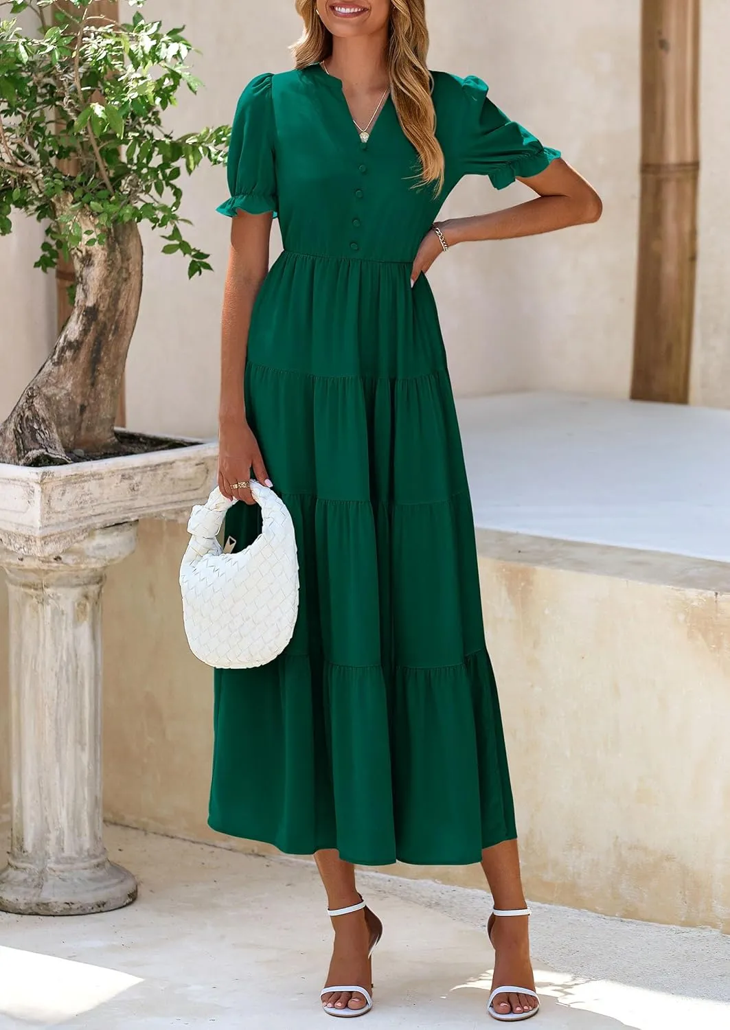 PRETTYGARDEN Women's Summer Casual Short Sleeve V Neck Midi Dresses 2025 Spring A-line Tiered Wedding Guest Dress