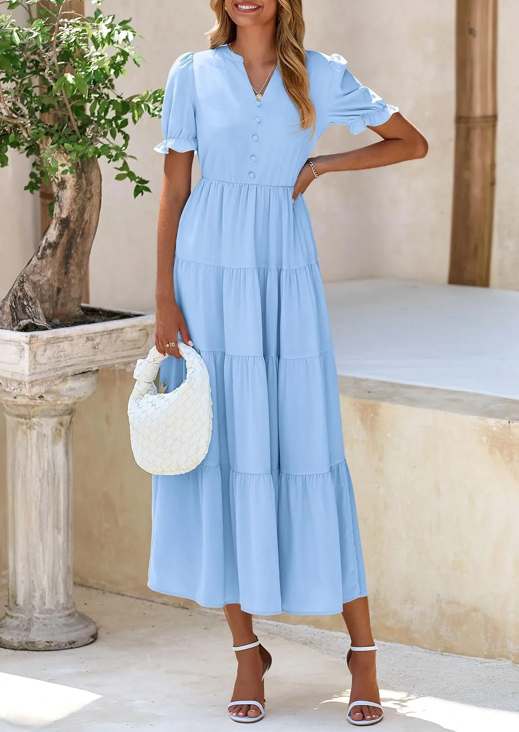 PRETTYGARDEN Women's Summer Casual Short Sleeve V Neck Midi Dresses 2025 Spring A-line Tiered Wedding Guest Dress